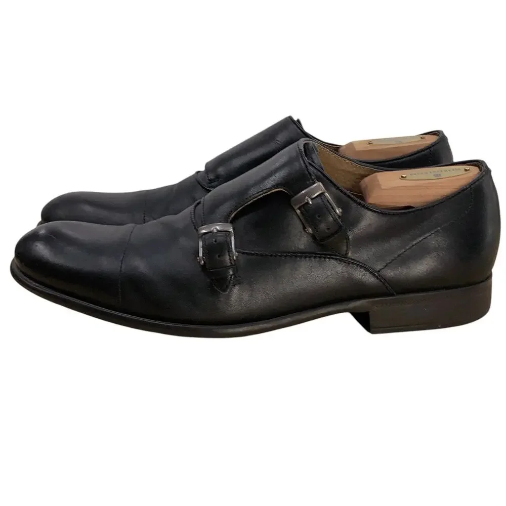 John Varvatos Shoes Mens 9.5M Double Monk Strap Cap Toe Black Leather Dress